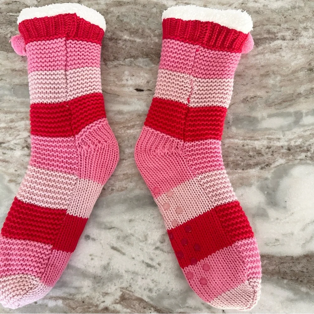 Sherpa Fleece Lined Striped Slipper Socks With Grippers & Pom Pom - Soft & Cozy